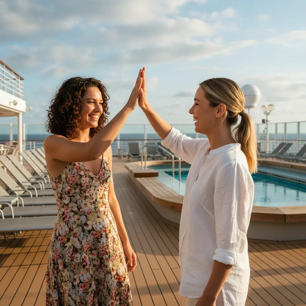 Deux femmes souriantes se faisant un high-five sur le pont d'un bateau de croisière