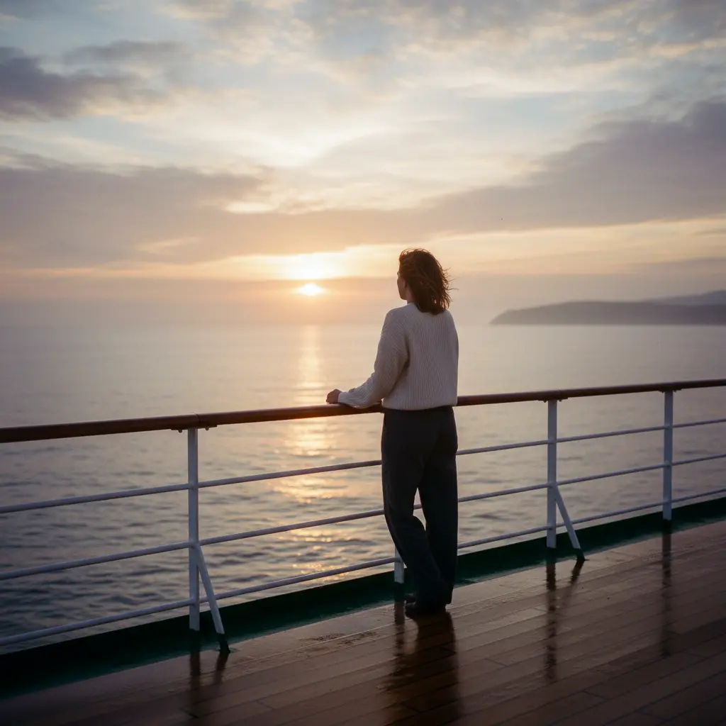 Voyageur solo contemplant l'horizon sur un pont de croisière au lever du soleil