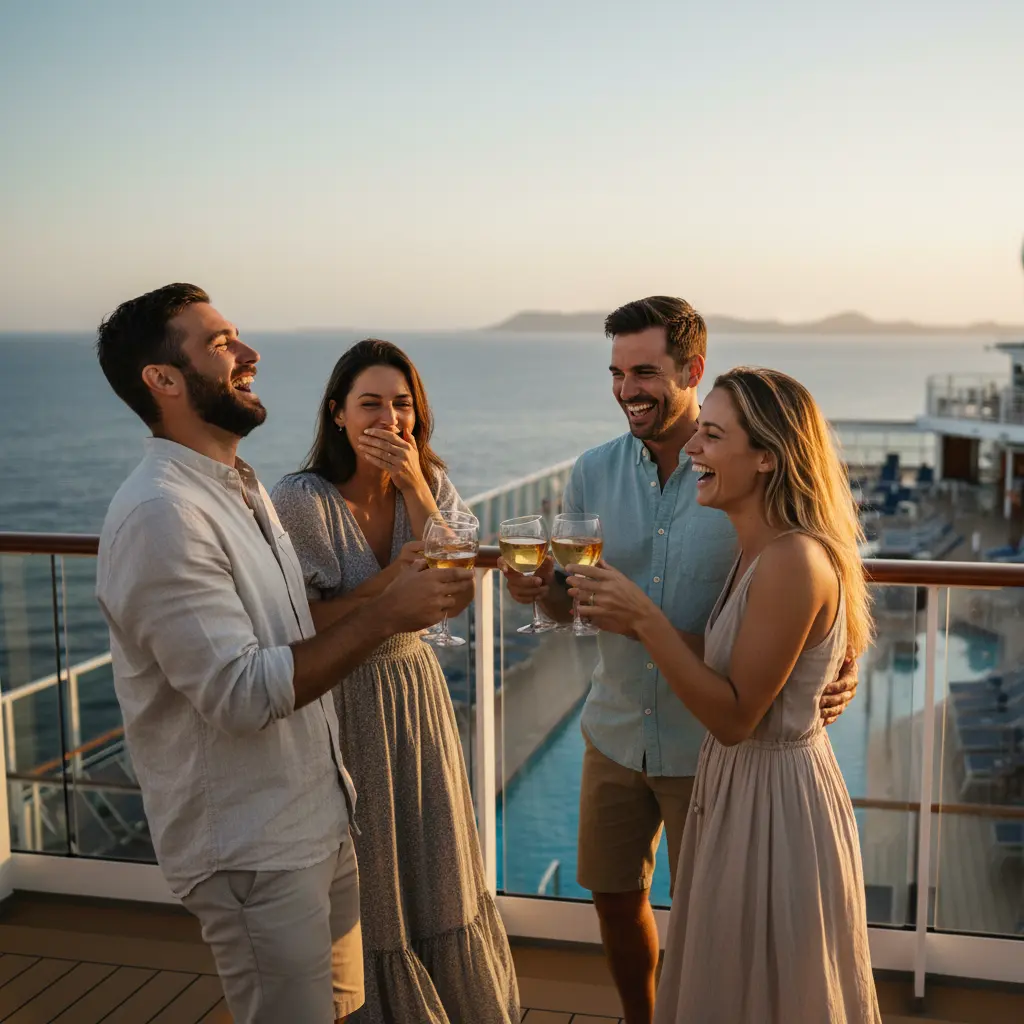 Groupe d'amis riant et partageant un verre sur le pont d'un navire de croisière