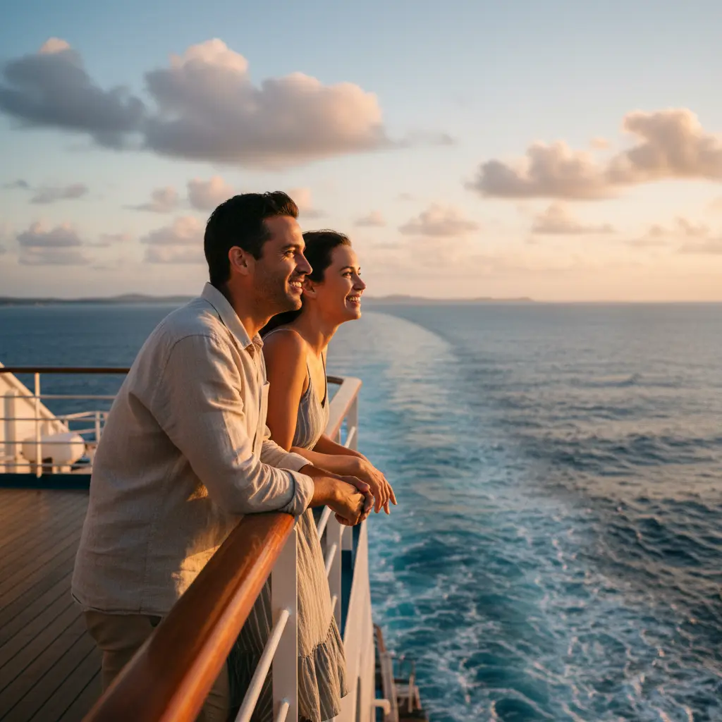 Deux voyageurs souriants profitant du pont d'un navire de croisière, regardant l'océan