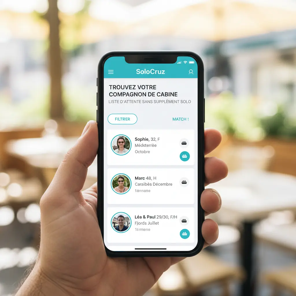 Écran de smartphone affichant l'interface de mise en relation de SoloCruz avec des profils de voyageurs