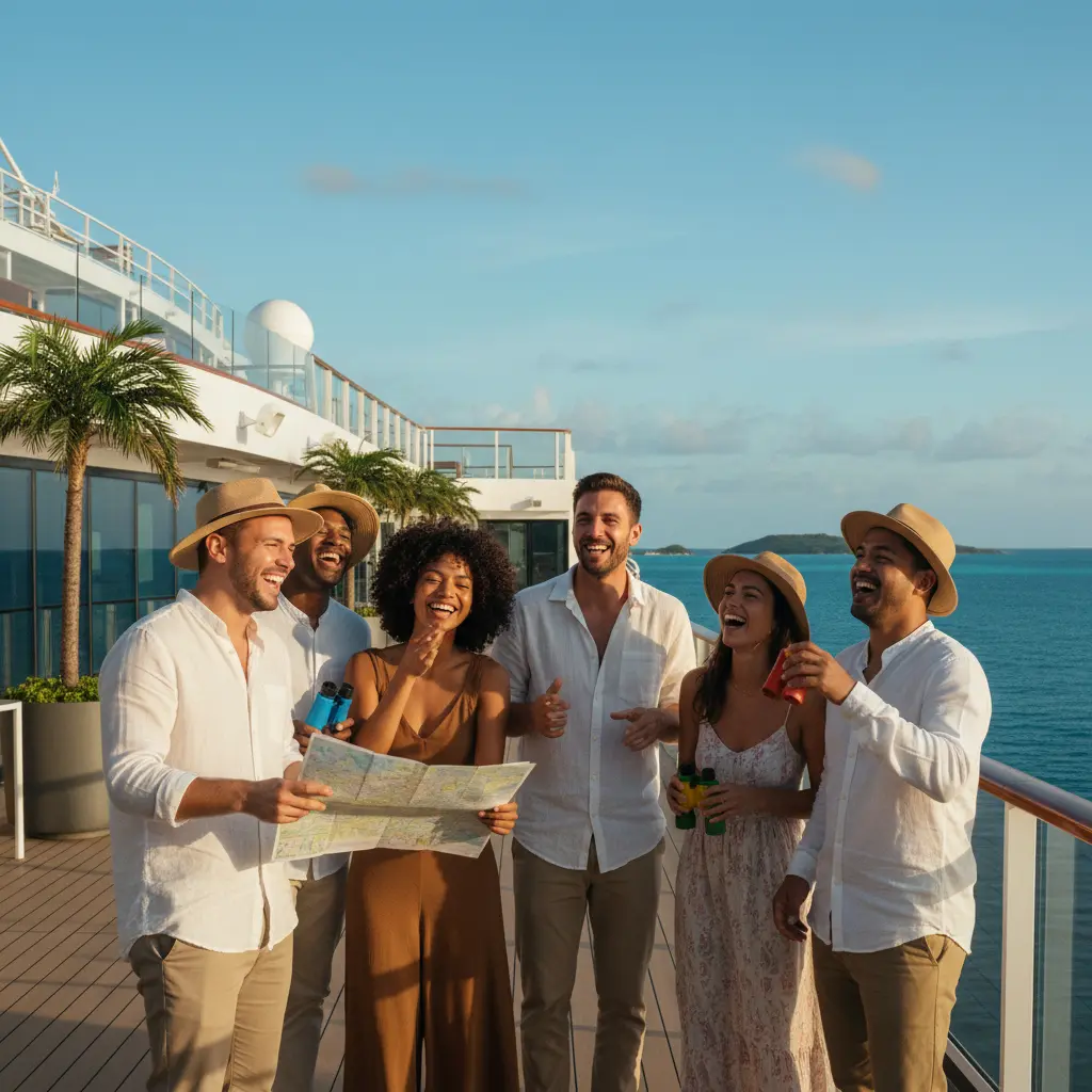 Un groupe diversifié de voyageurs riant et profitant d'une activité de groupe sur une croisière