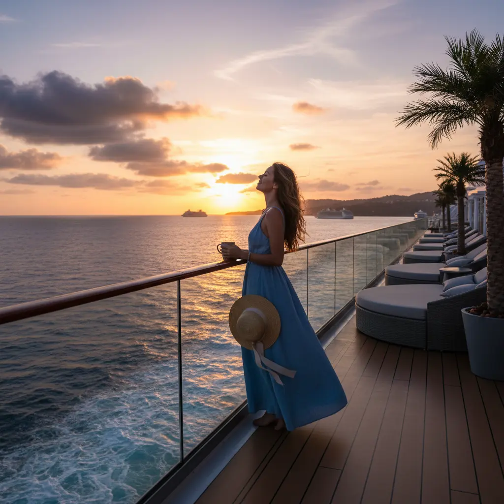 Mujer sola disfrutando del atardecer en la cubierta de un crucero