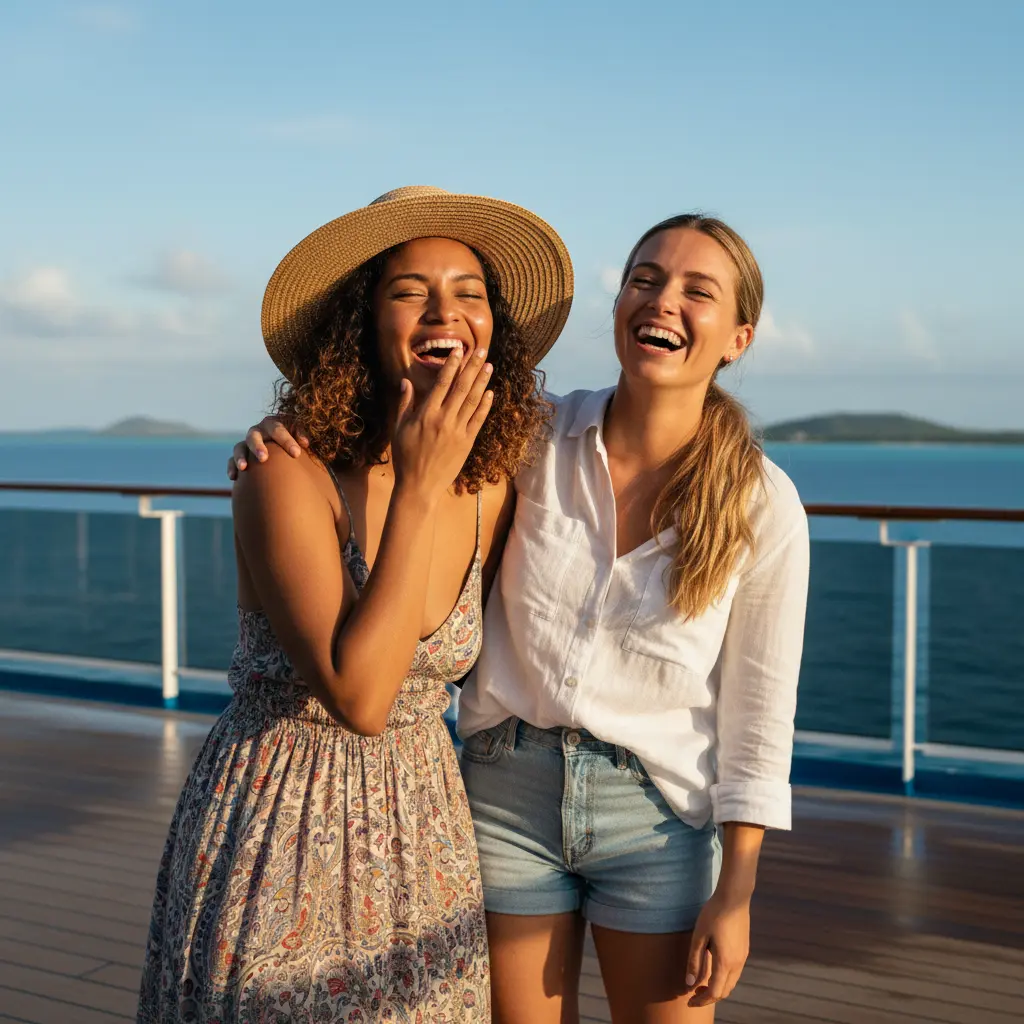 Dos mujeres riendo juntas en la cubierta de un crucero