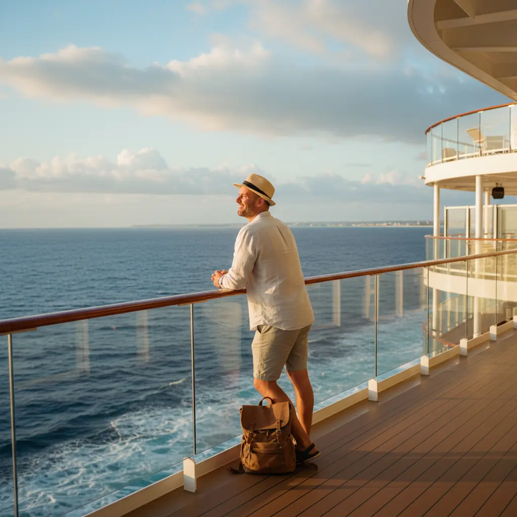 Viajero solitario feliz observando el mar desde la cubierta de un crucero
