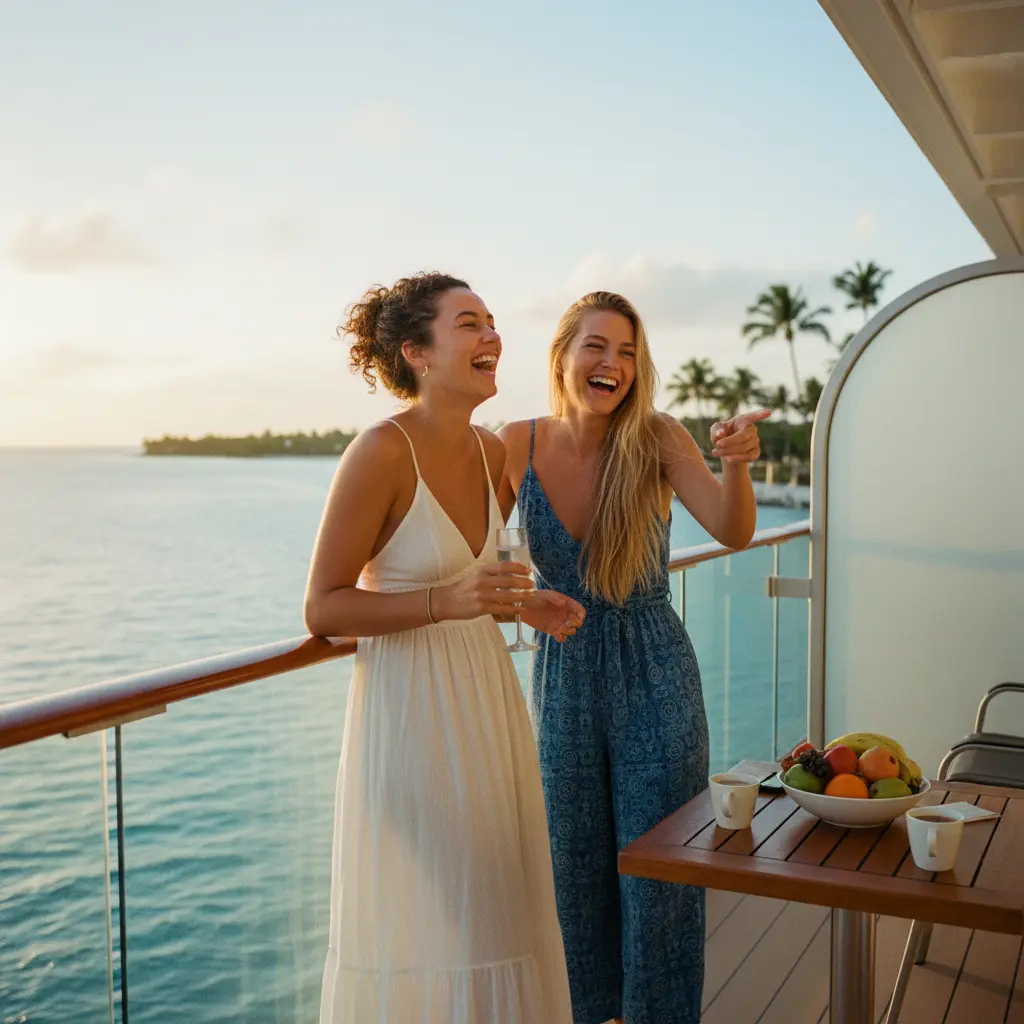 Dos mujeres jóvenes riendo y disfrutando de un crucero juntas