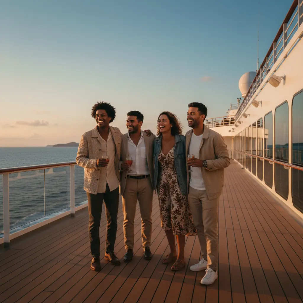 Grupo diverso de viajeros sonriendo en la cubierta de un crucero, disfrutando juntos.