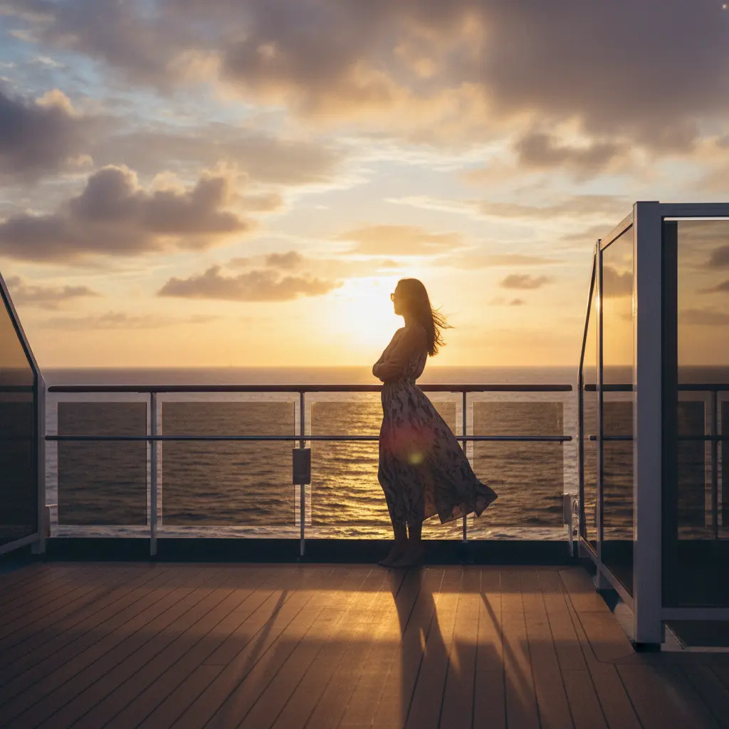 Mujer solitaria disfrutando de un atardecer en el crucero