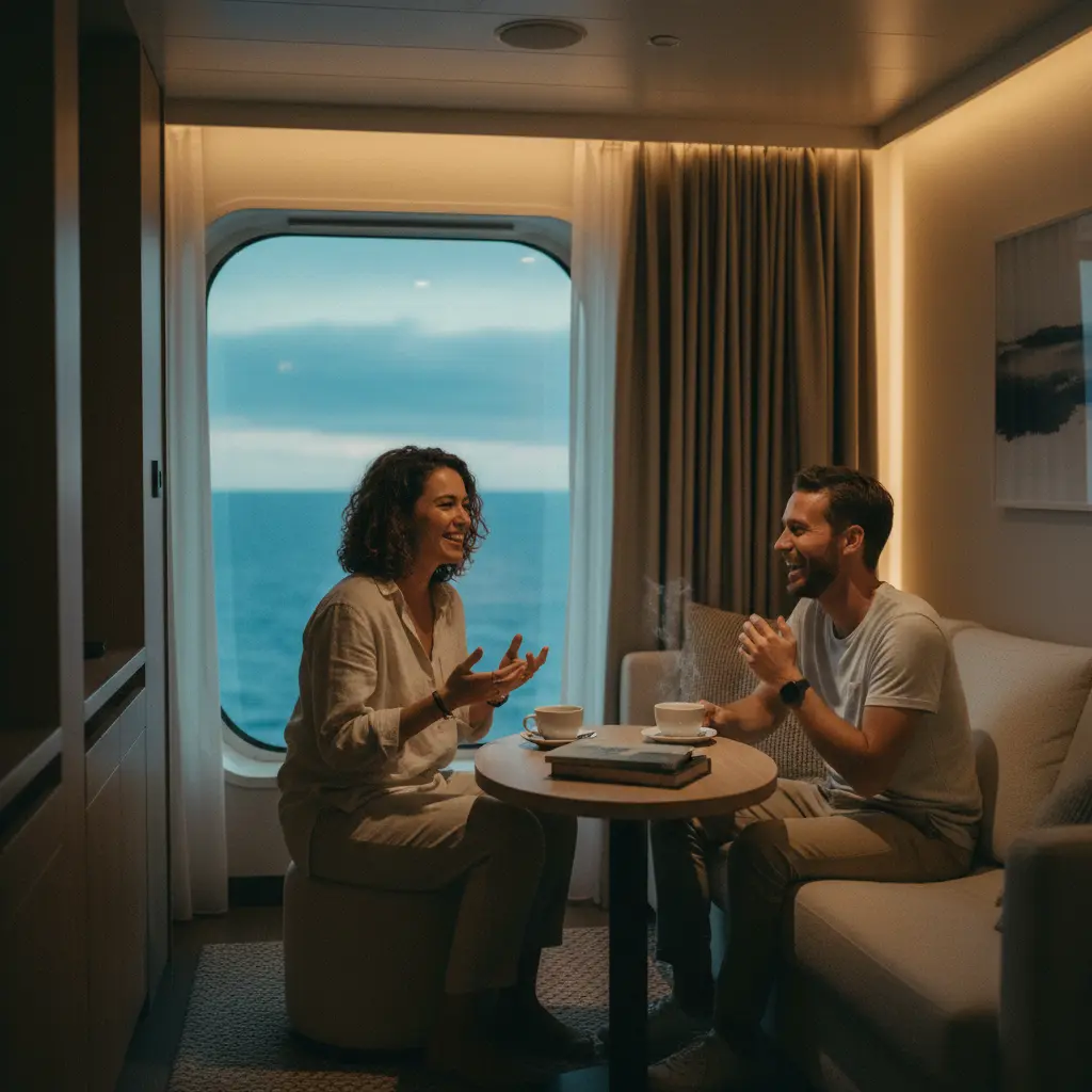Dos personas charlando amigablemente en una cabina de crucero