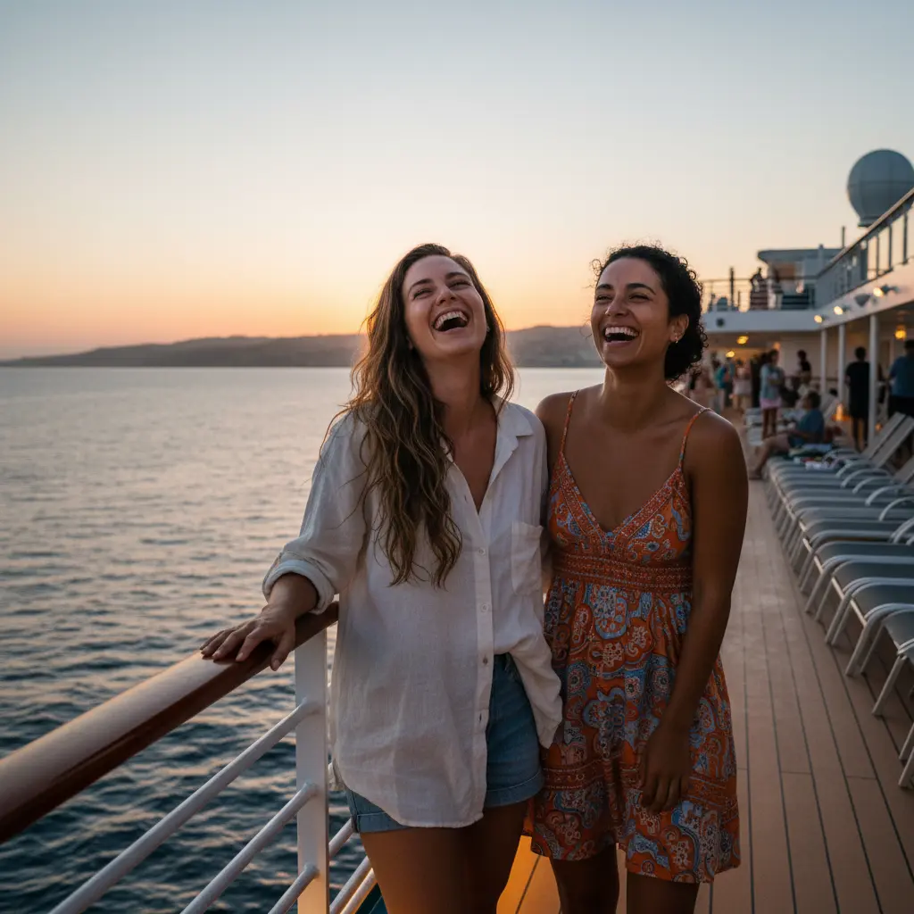 Dos amigas riendo en la cubierta de un crucero al atardecer