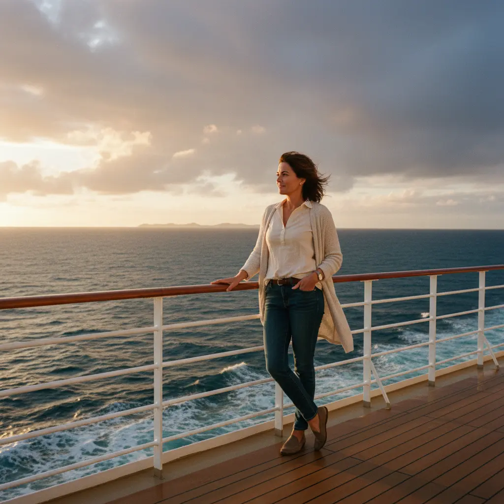 Persona observando el horizonte desde la cubierta de un crucero.