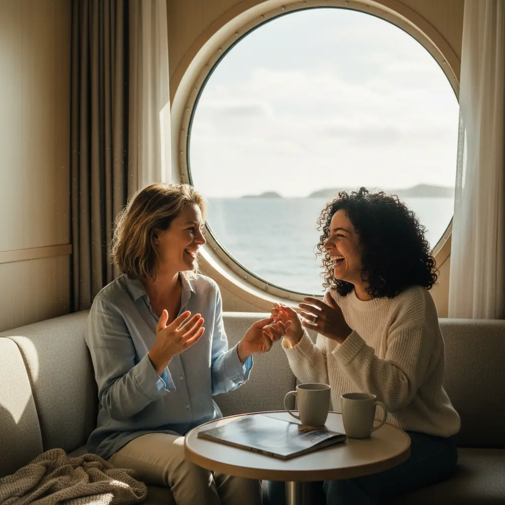 Dos mujeres riendo y charlando en un camarote de crucero moderno.