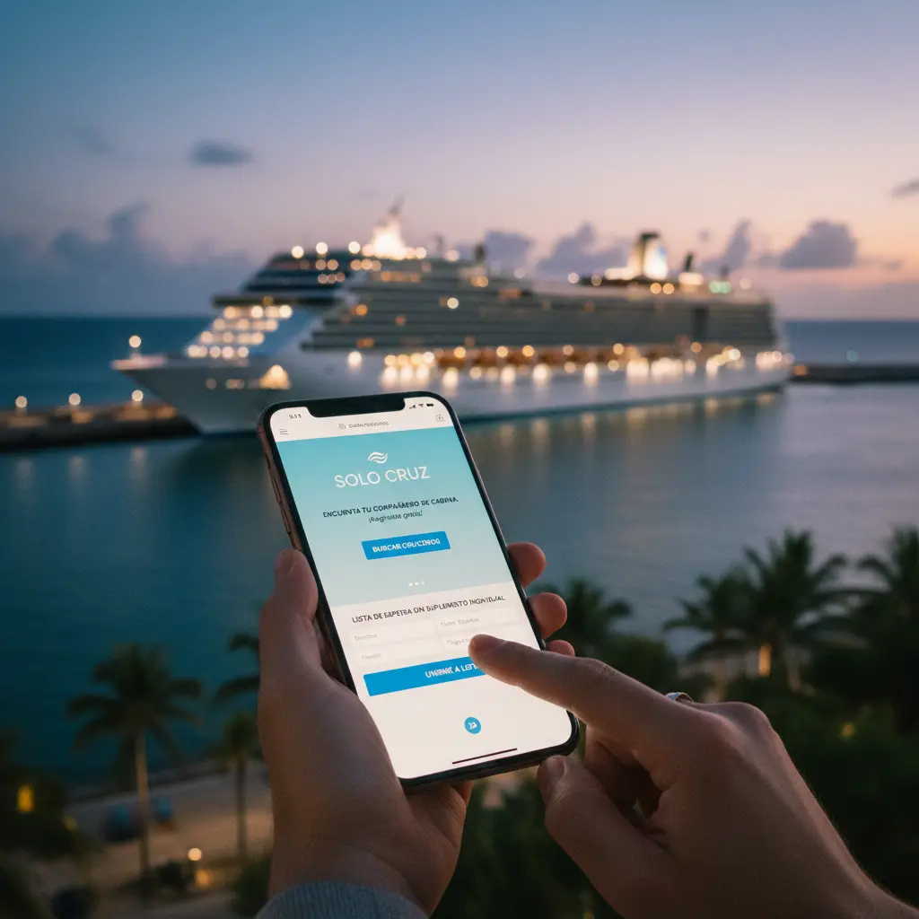 Persona registrándose en la plataforma SoloCruz en un dispositivo móvil con un crucero de fondo.