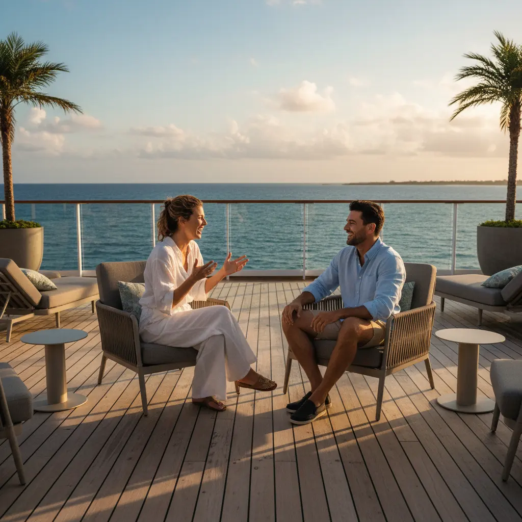 Dos personas riendo y conversando amistosamente en la cubierta de un crucero.