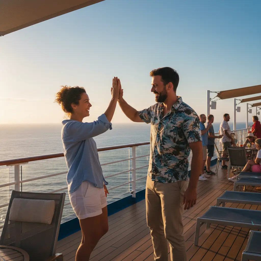 Two solo travelers high-fiving on a cruise deck, symbolizing shared savings and companionship.