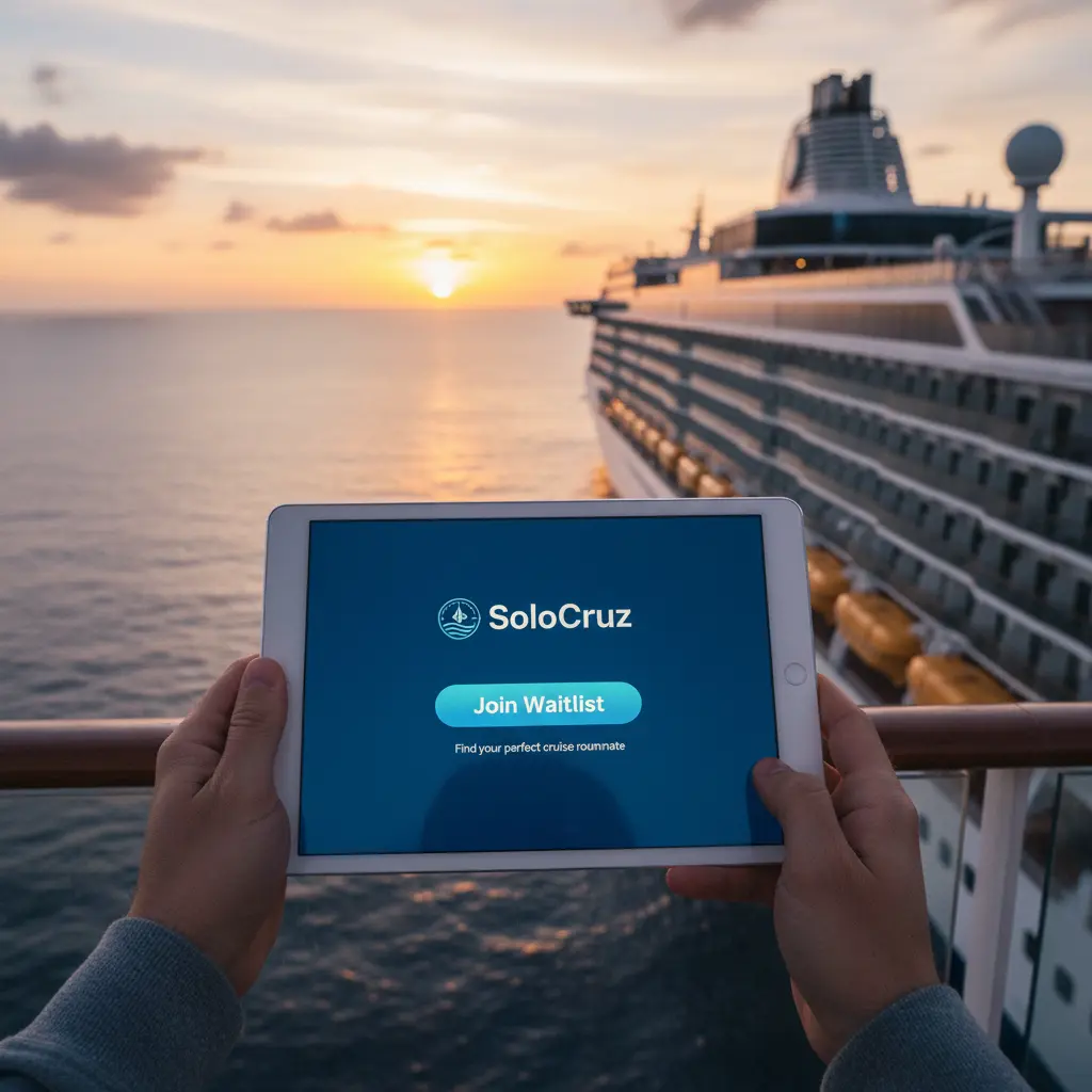A tablet displaying the SoloCruz logo and a 'Join Waitlist' button, with a cruise ship in the background.