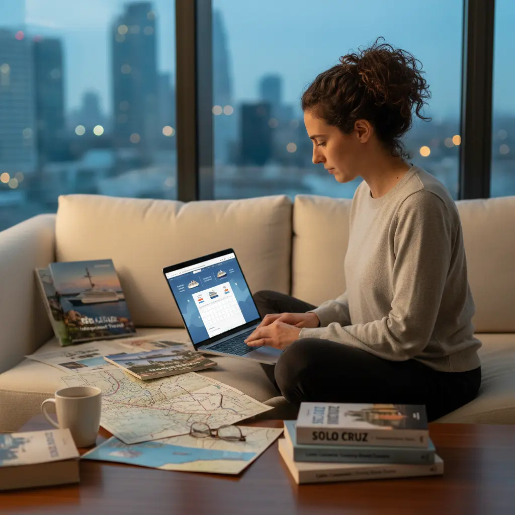 Person on laptop planning a cruise, surrounded by travel guides and maps, indicating smart travel planning through SoloCruz