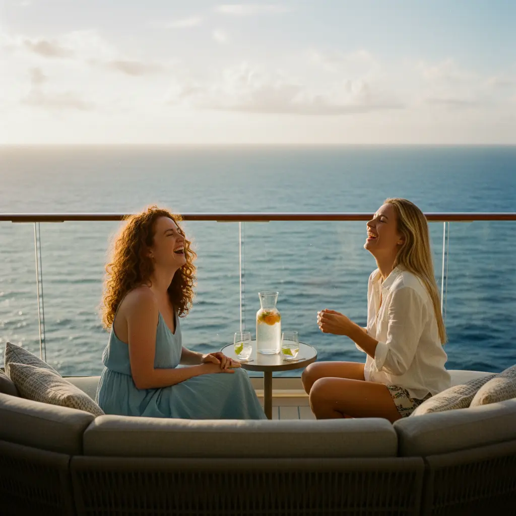 Two women laughing on a cruise ship balcony, enjoying their shared travel experience and the sea view