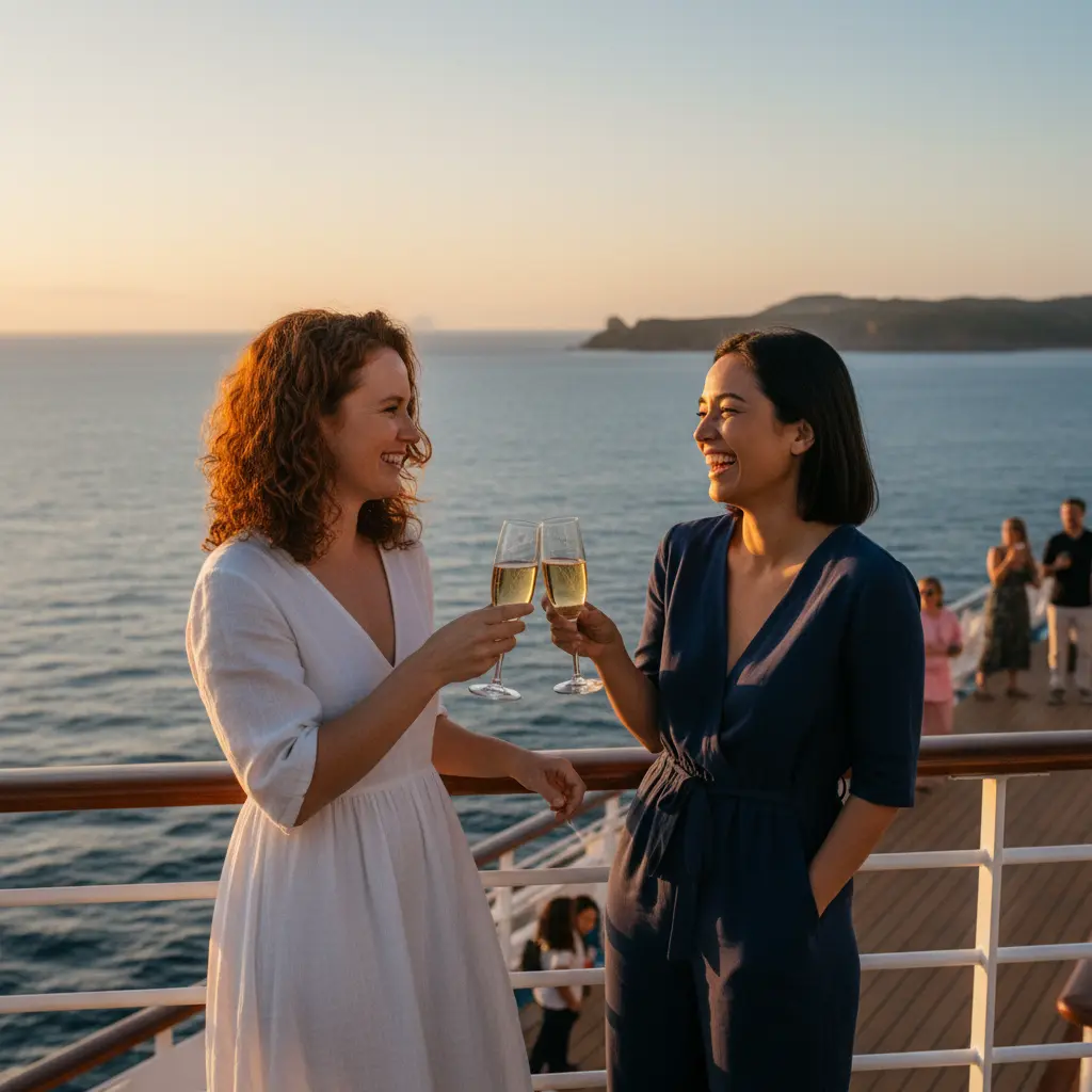 Zwei Frauen genießen den Sonnenuntergang auf einem Kreuzfahrtschiffdeck.