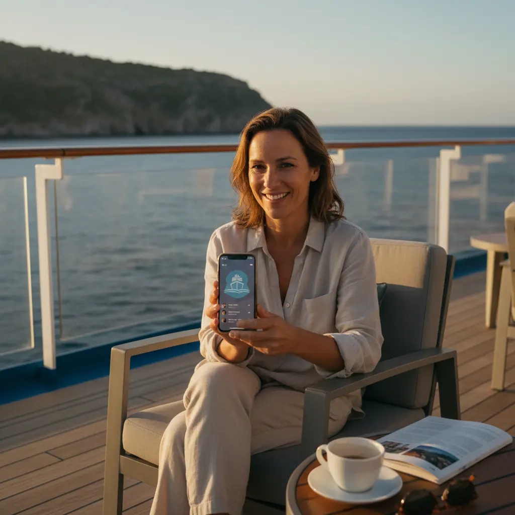 Dos personas riendo y brindando en la cubierta de un crucero, simbolizando la amistad en el viaje.