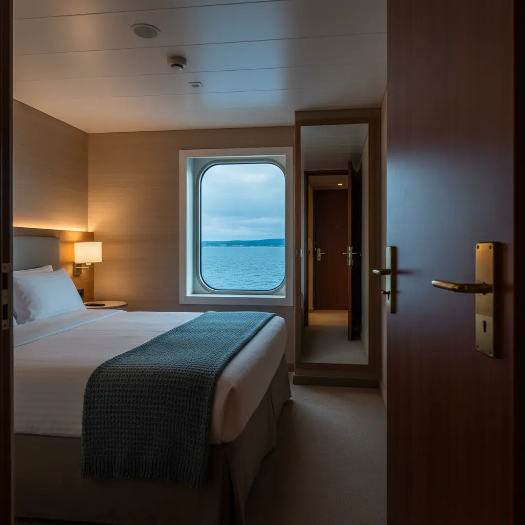 Interior de una cabina de crucero limpia y segura con puerta cerrada