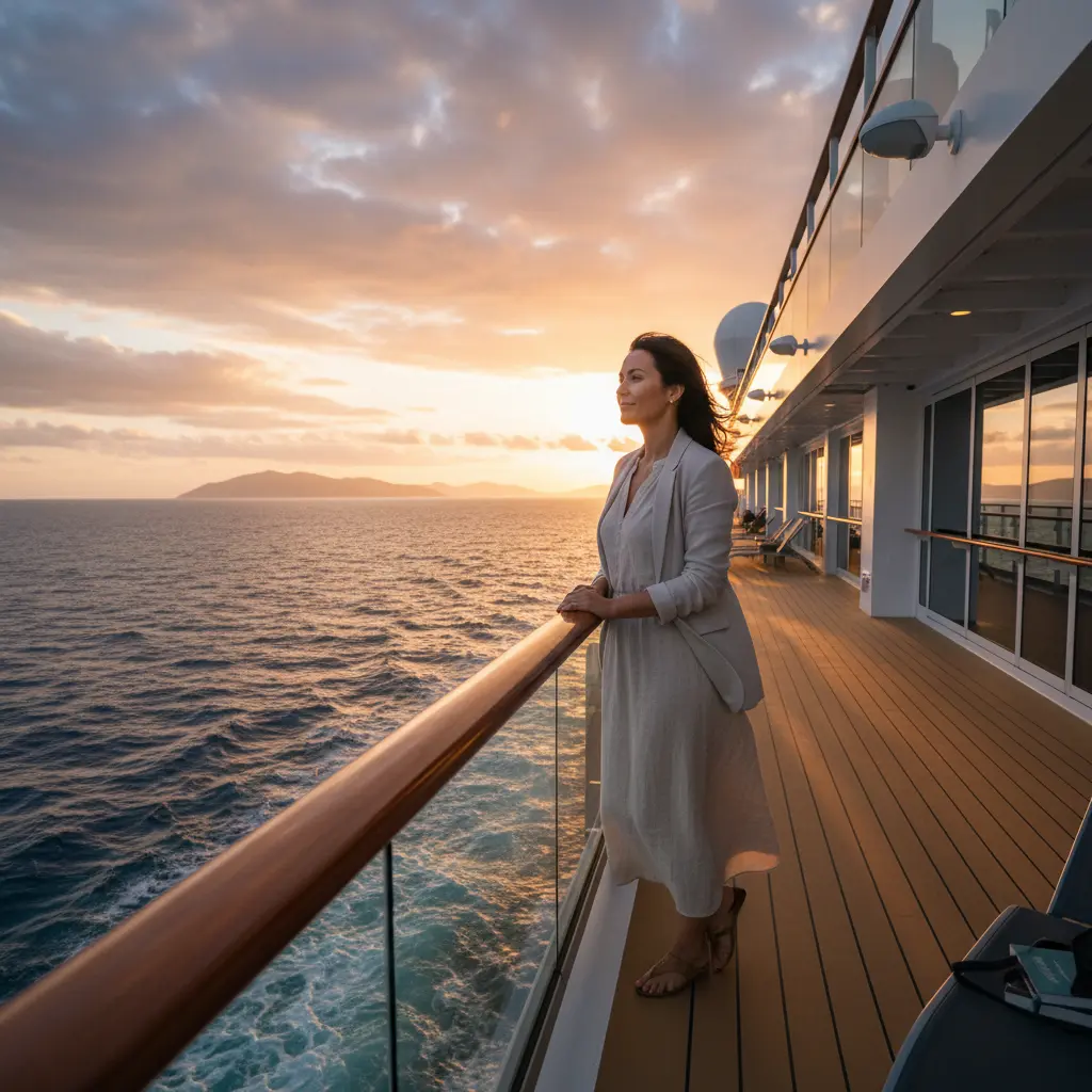 Mujer sola disfrutando de la vista desde la cubierta de un crucero