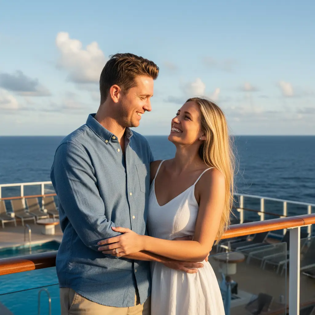 Deux personnes souriantes sur un pont de croisière, symbolisant une connexion réussie grâce à SoloCruz