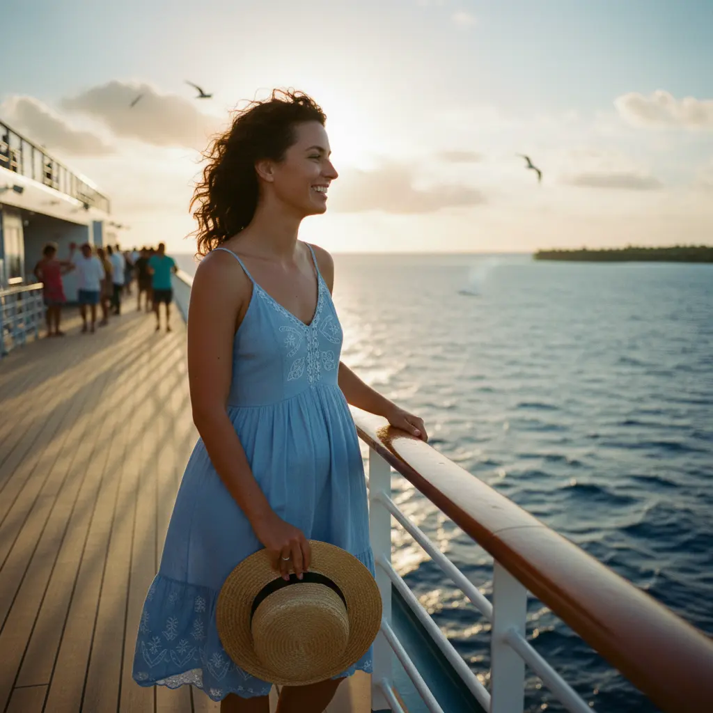 Smiling solo female traveler on a cruise ship deck looking at the ocean