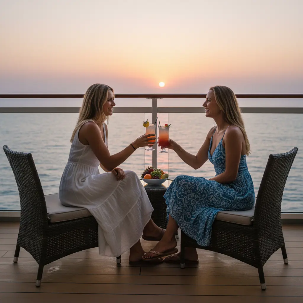 Two women friends enjoying a drink on a cruise ship balcony
