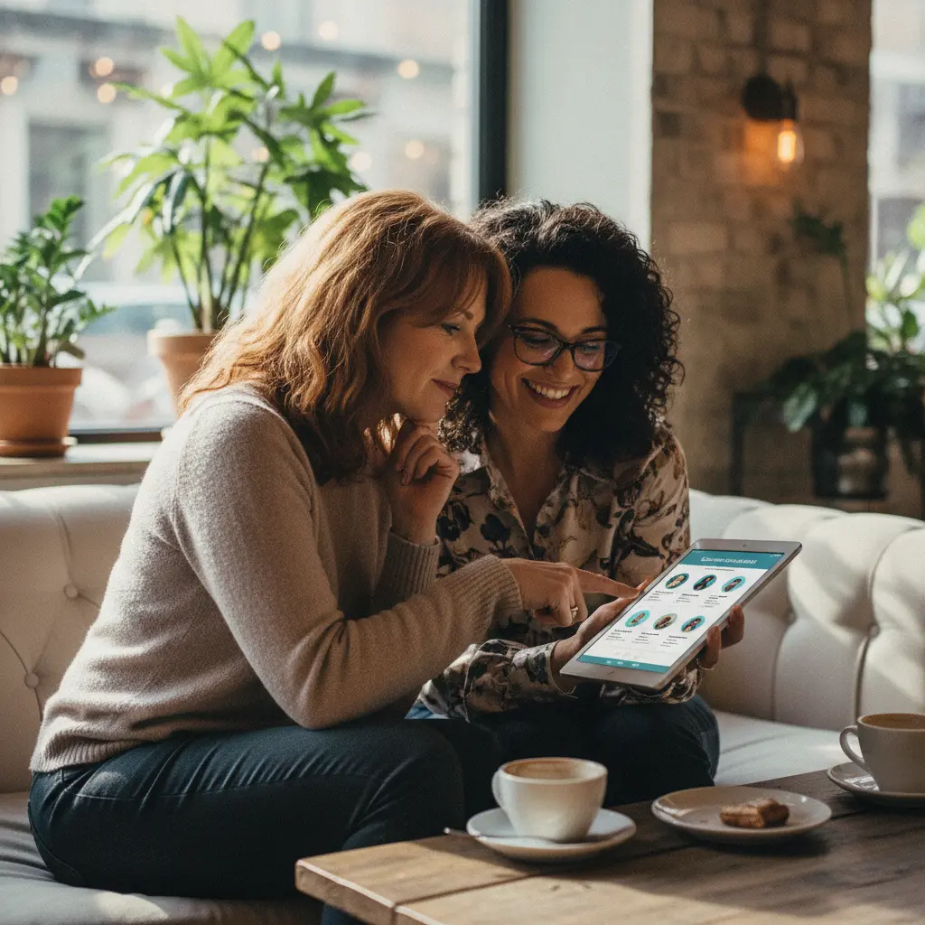 Two women comparing profiles on a tablet for cruise roommate matching