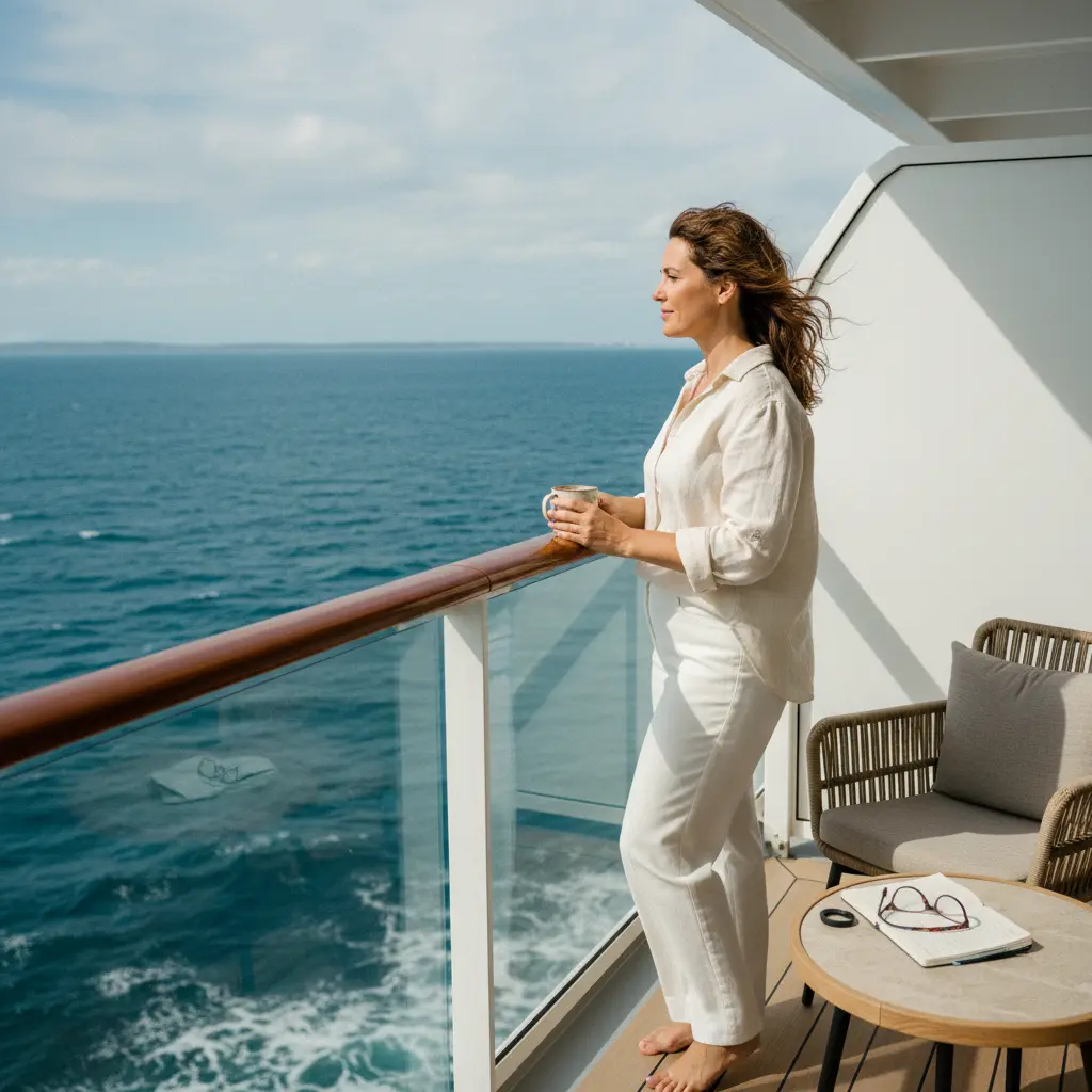 Woman enjoying a cruise ship balcony overlooking the ocean
