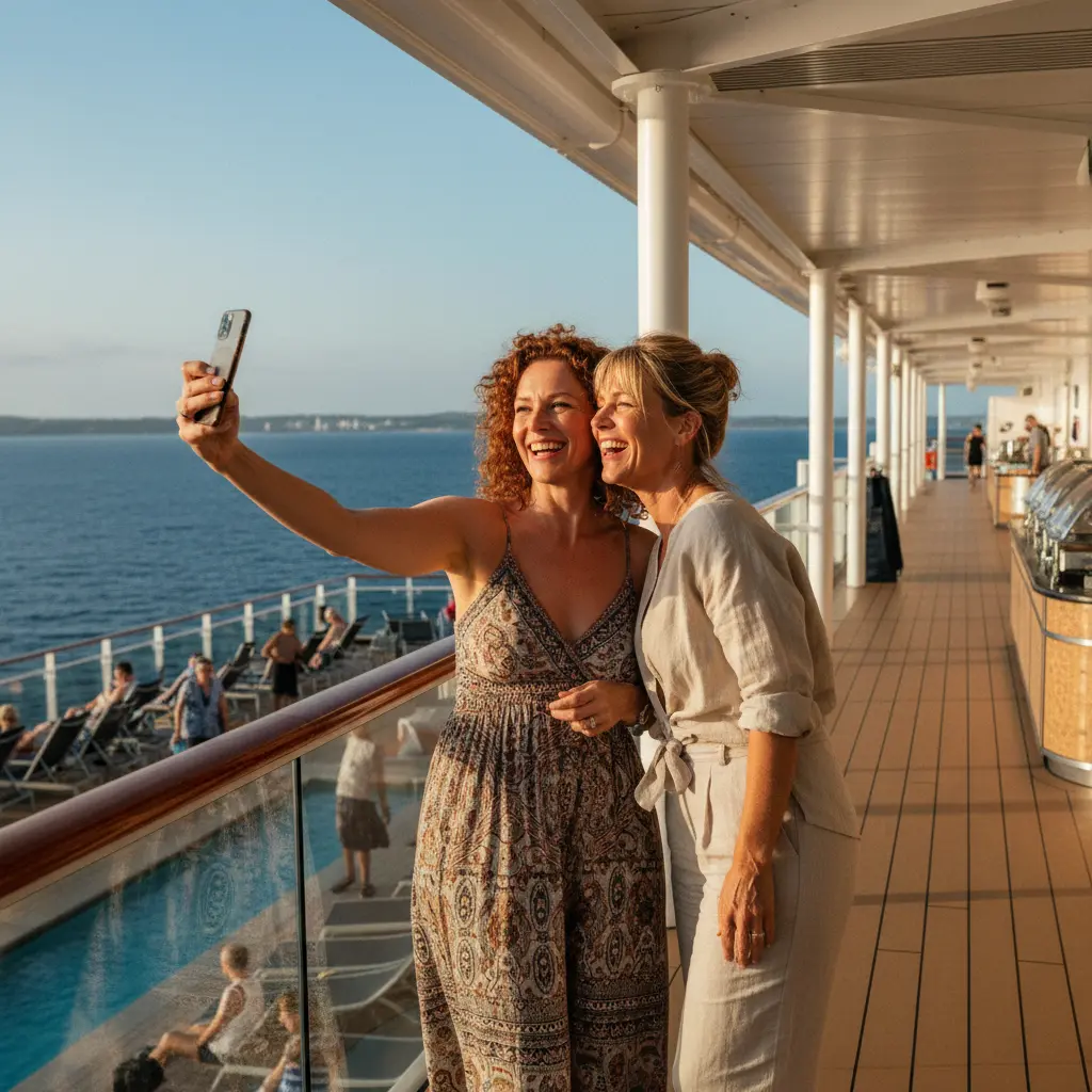 Two women smiling and taking a selfie on a cruise deck