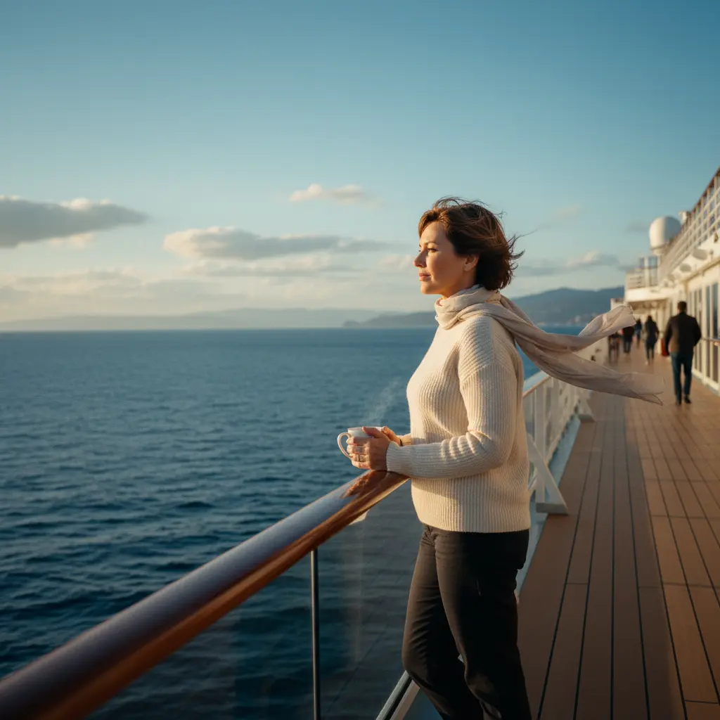 Solo woman standing on a cruise ship deck looking out at the ocean