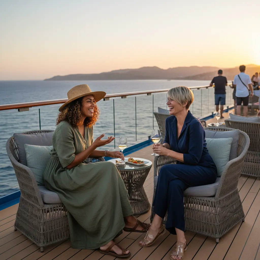 Two women enjoying conversation on a cruise ship deck