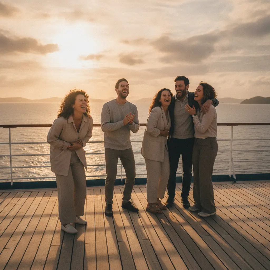 Eine Person steht auf dem Deck eines Kreuzfahrtschiffes und blickt auf den weiten Ozean bei Sonnenuntergang.