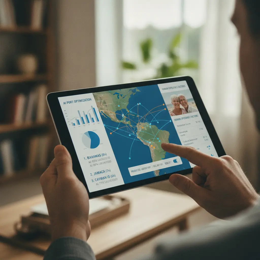 Digital interface displaying AI analysis of cruise port schedules and daily sailing routes