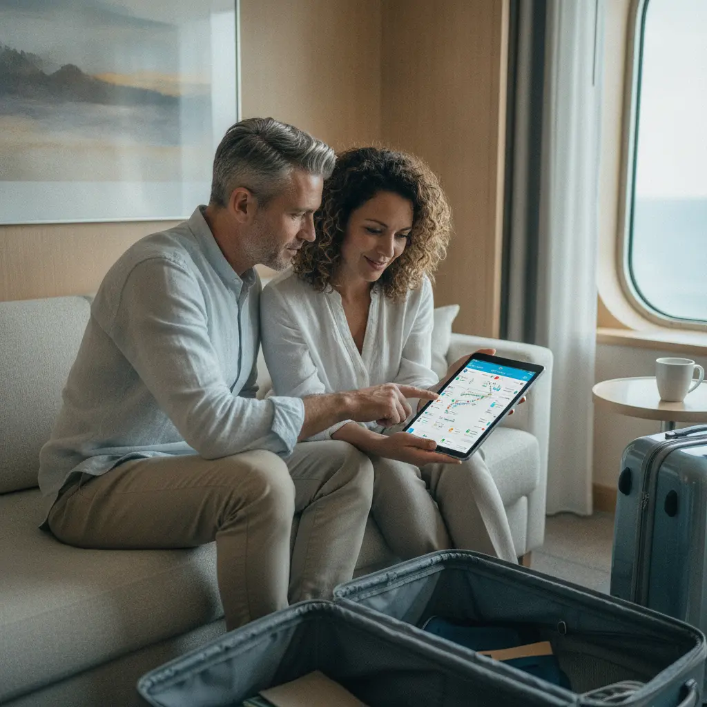 Two solo cruise travelers reviewing an itinerary on a tablet inside a shared stateroom