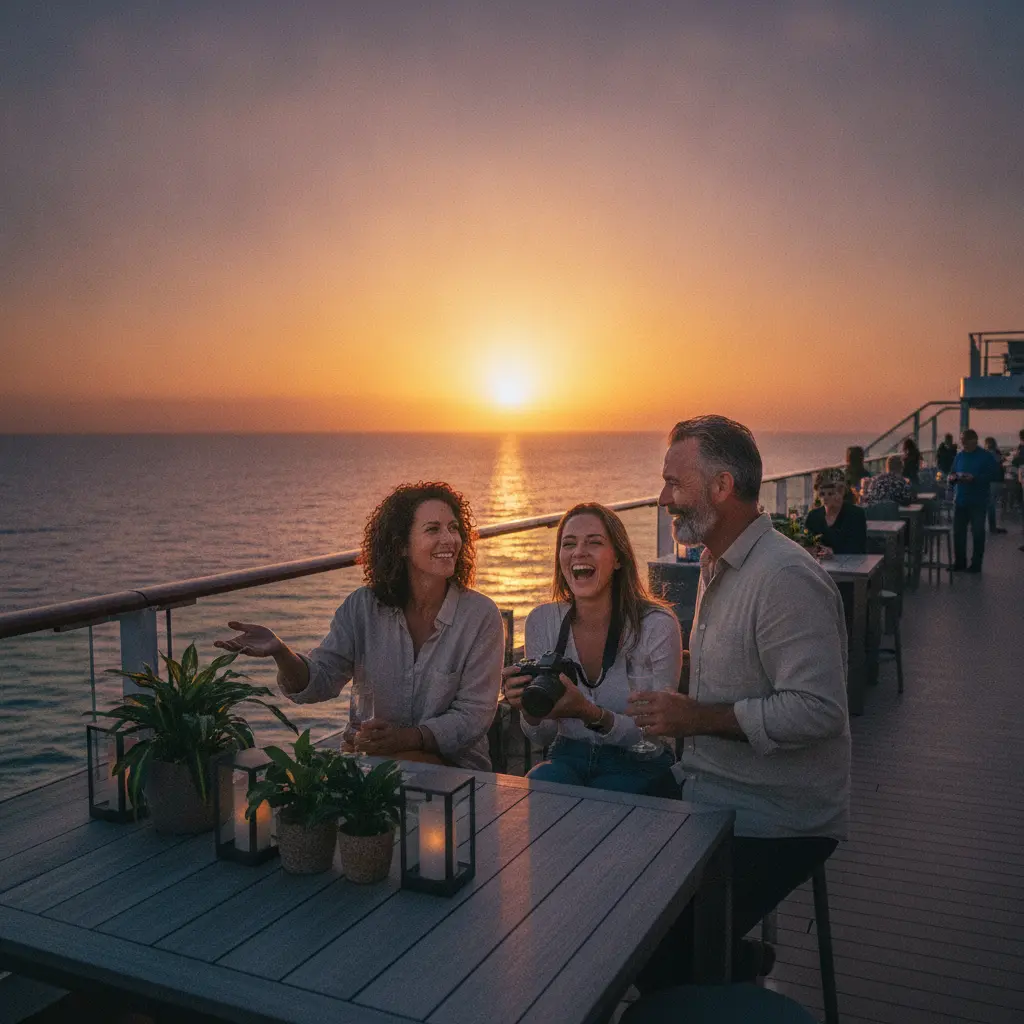 Solo cruisers enjoying a sunset gathering on the outdoor deck of a modern cruise ship
