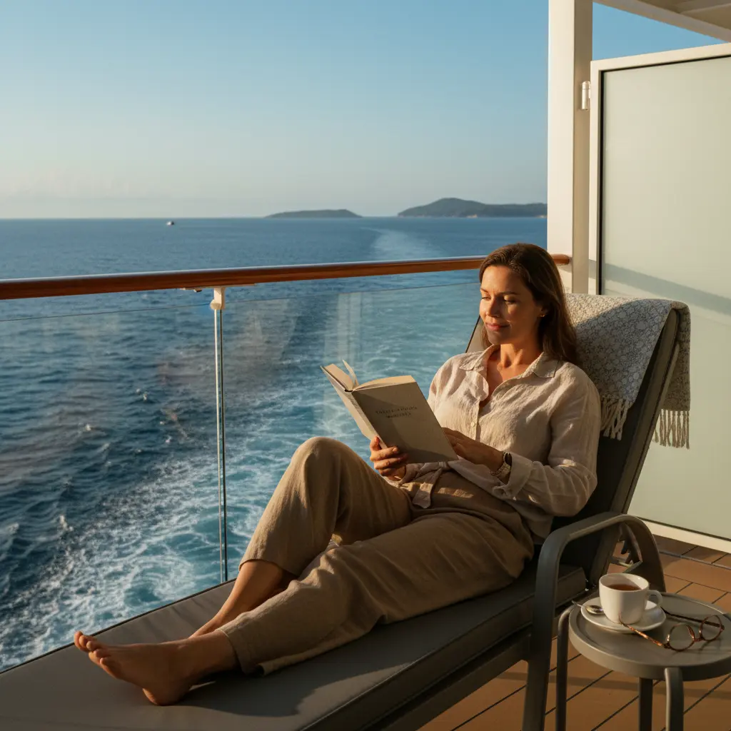 Woman reading a book on a cruise ship balcony, enjoying quiet time