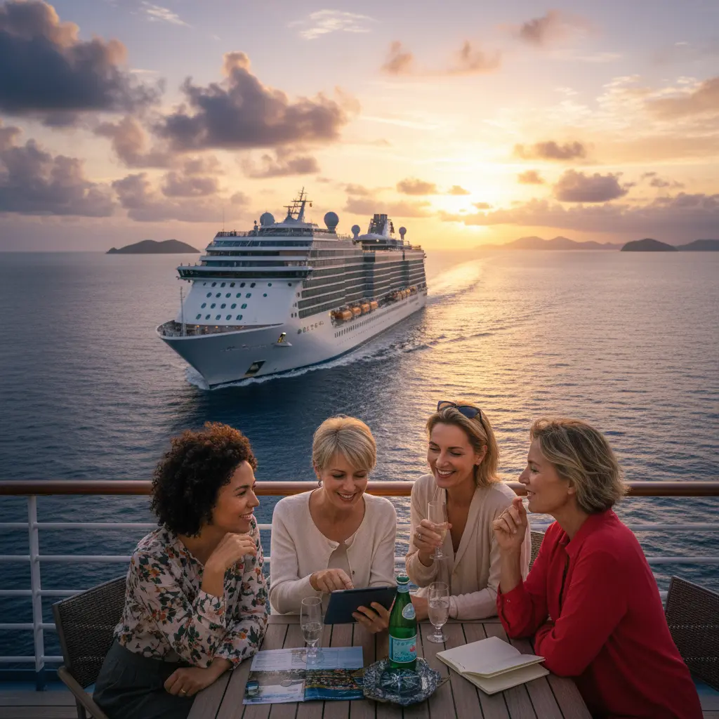 A large cruise ship sailing at sunset, symbolizing a smooth journey