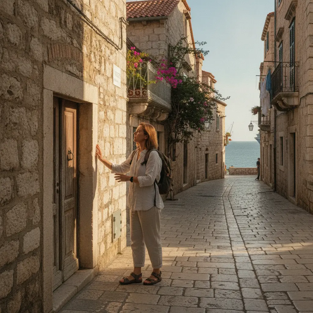 A solo traveler exploring a charming, less-crowded street in a European port town during a slow-travel cruise.
