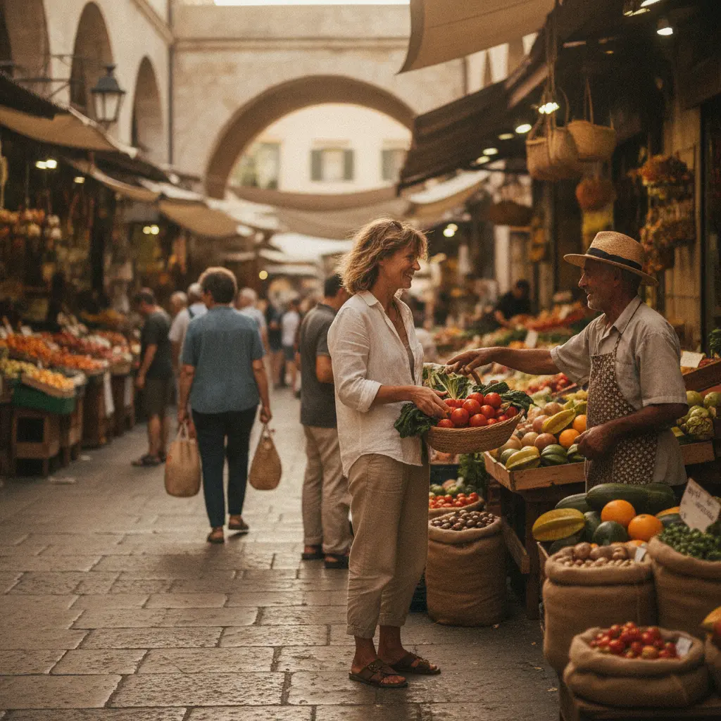 A solo cruiser interacting with a vendor at a bustling local market, buying fresh produce.