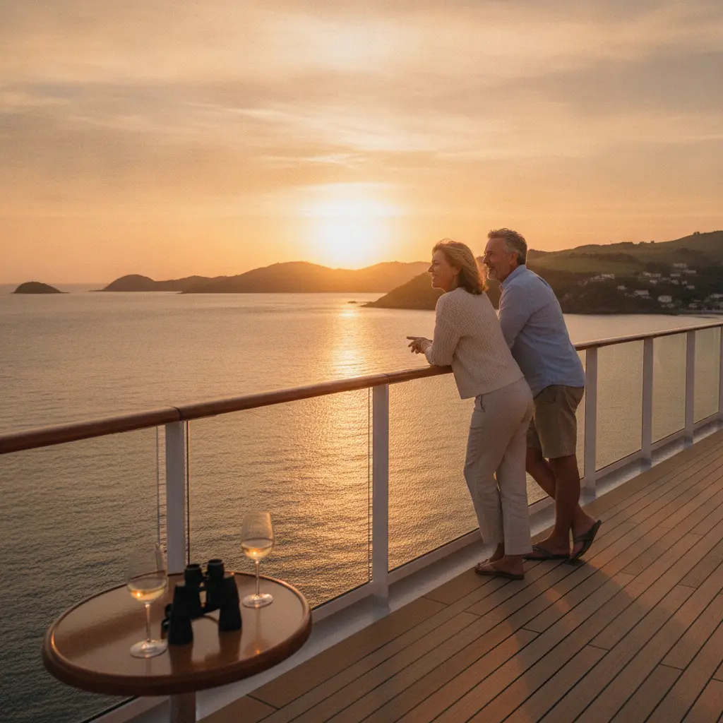 A serene view from a cruise ship deck at sunset, overlooking calm waters.