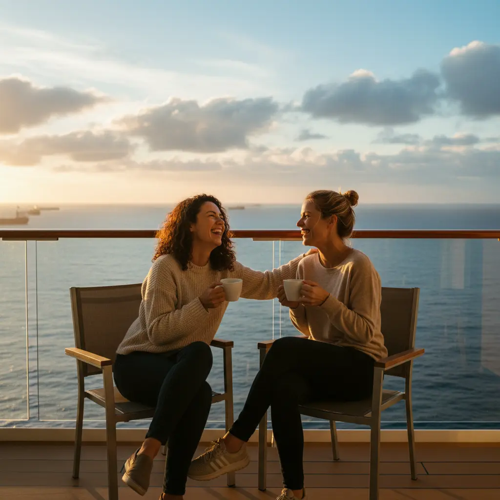 Two women enjoying a sunrise from a cruise ship balcony, laughing and sipping coffee.