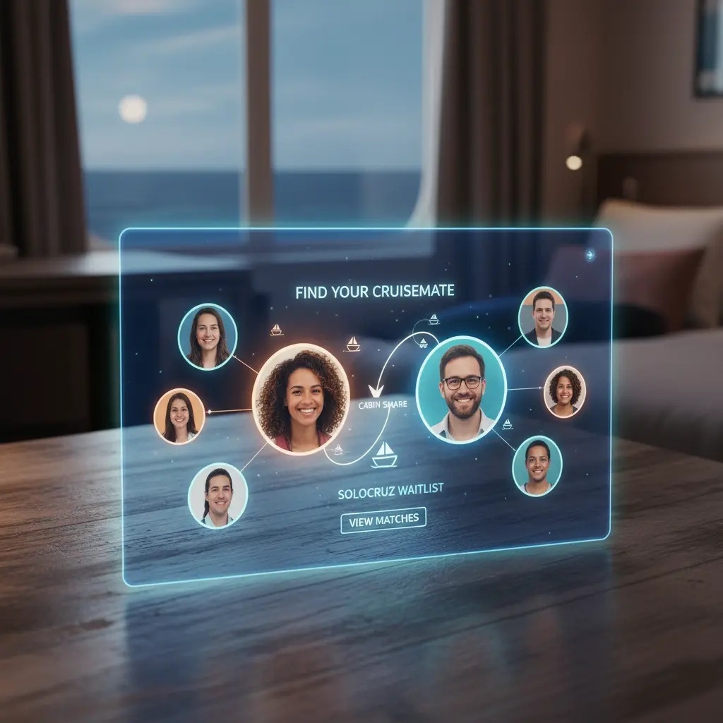 Digital interface of SoloCruz showing profiles being matched for cruise cabin sharing.