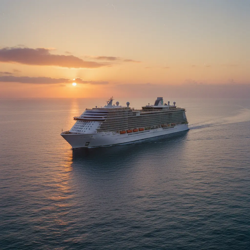 Large cruise ship at sea during sunset
