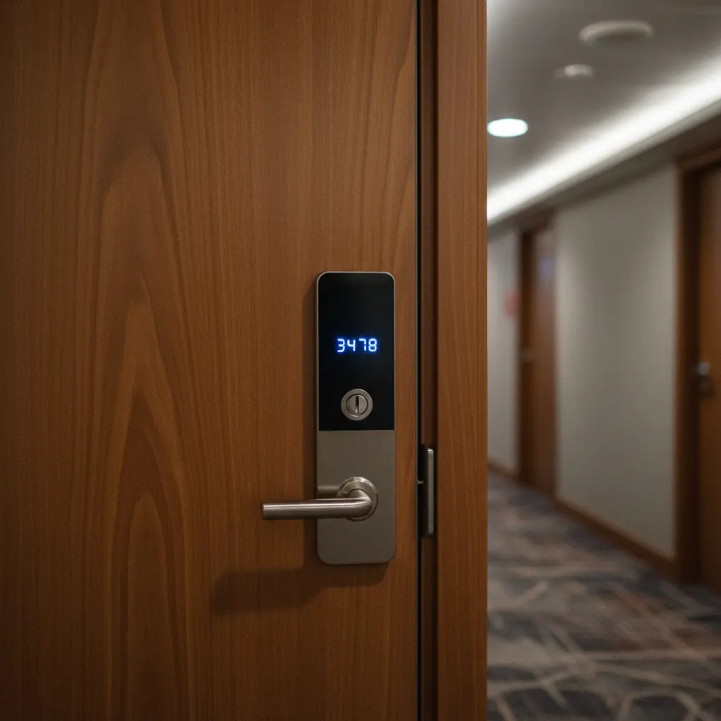 Close-up of a secure cruise cabin door with a digital lock