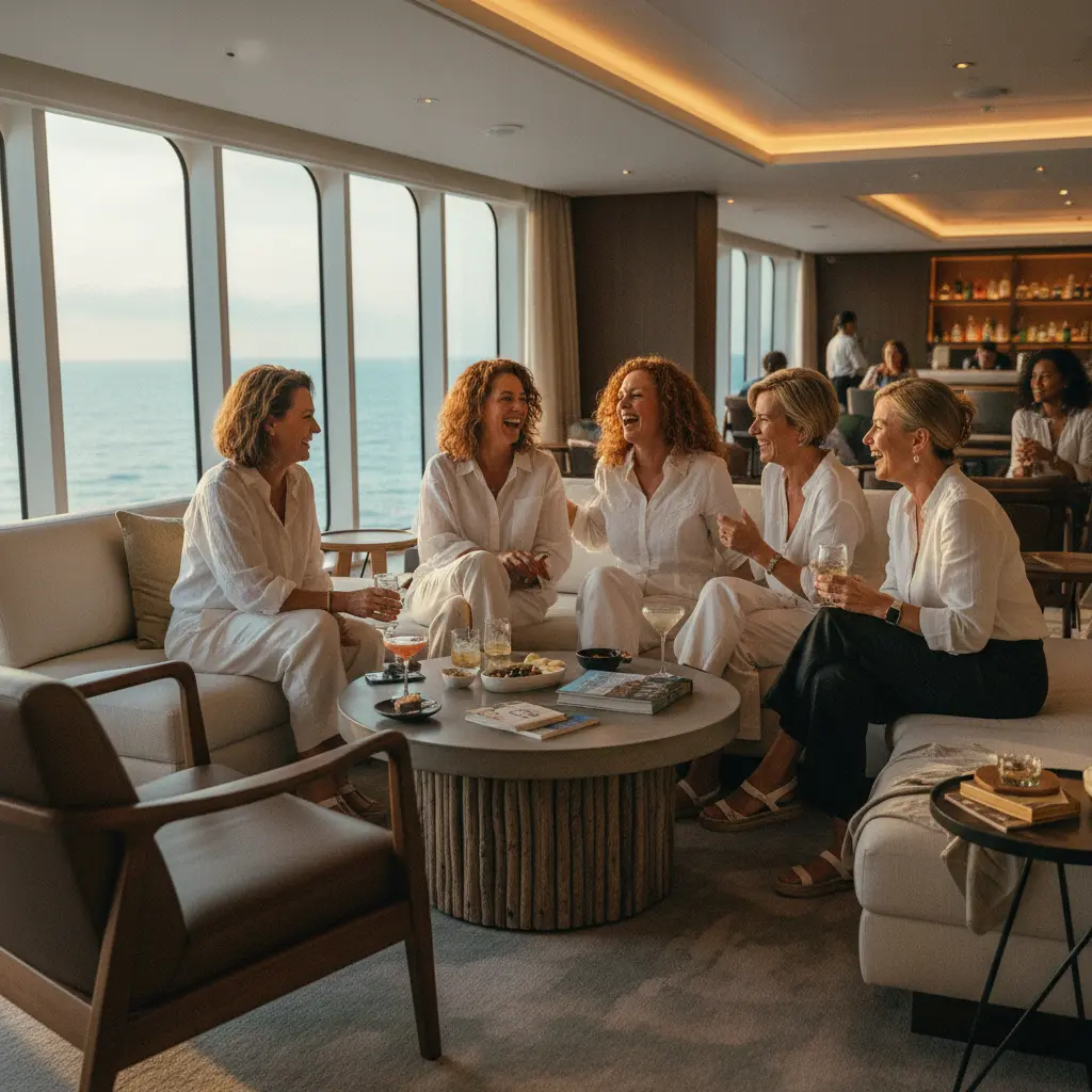 Group of women laughing and socializing at a cruise ship lounge