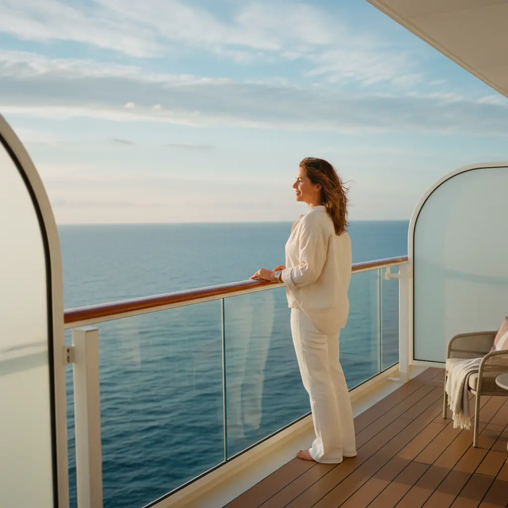Frau genießt den Meerblick von ihrem Balkon auf einem Kreuzfahrtschiff
