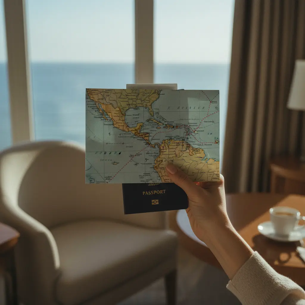 Hand hält eine Karte mit Kreuzfahrtrouten und Reisepass
